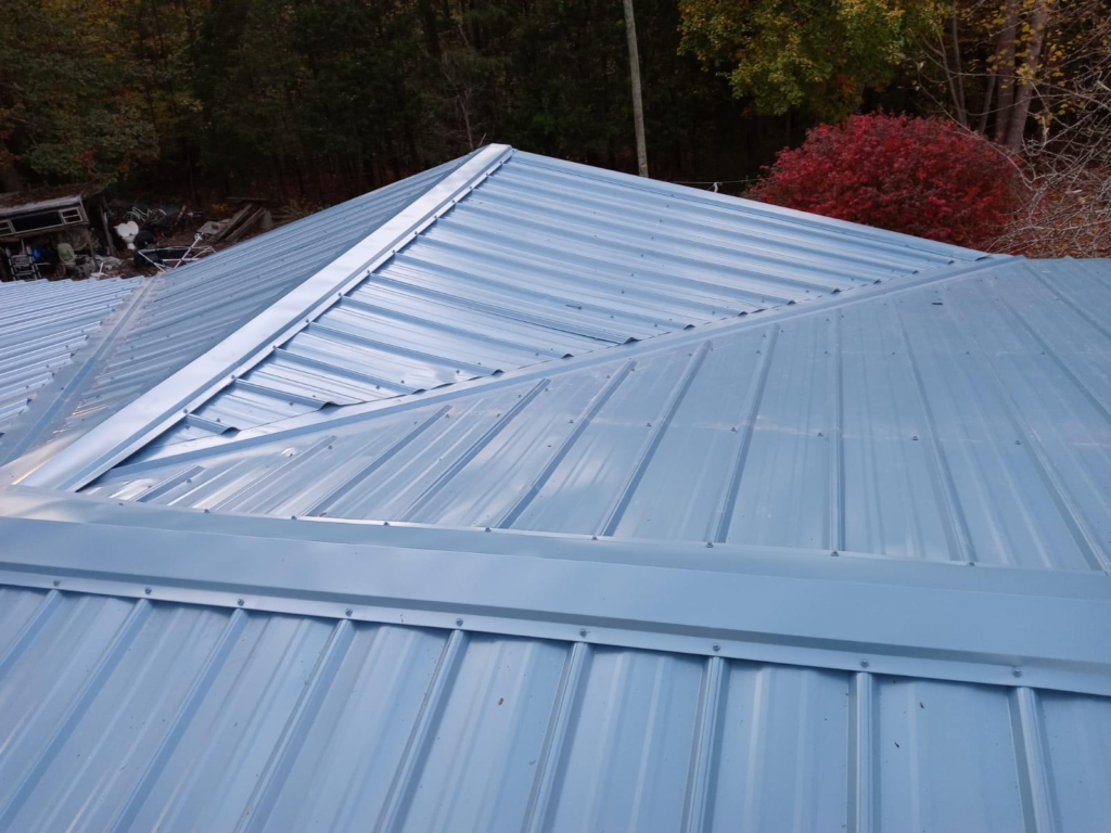 A photo showing a home with a blue metal roof