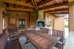 A fireplace outside the home