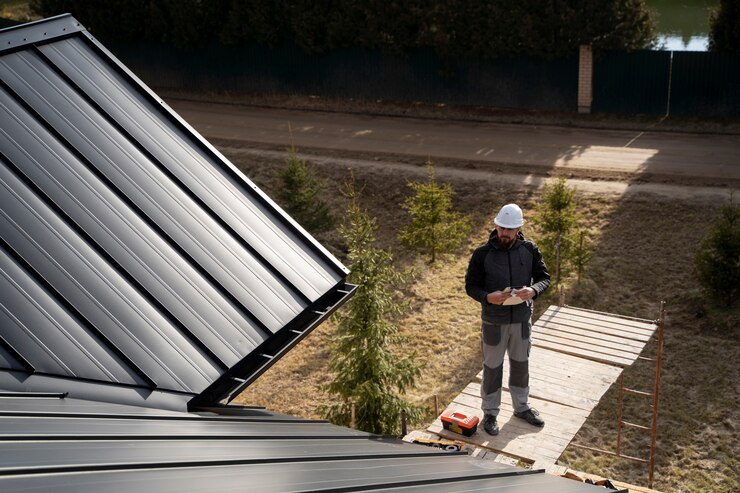 Man wearing a protective helmet standing on a roof.