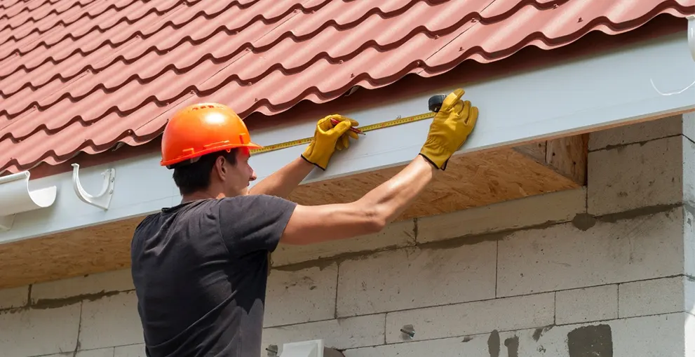 Expert measuring the wall for precise gutter installation