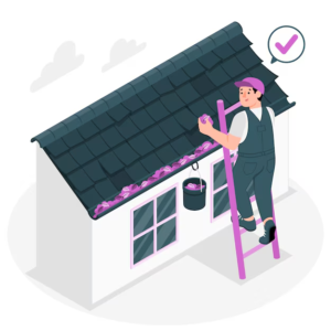 Illustration of a worker cleaning a home gutter system