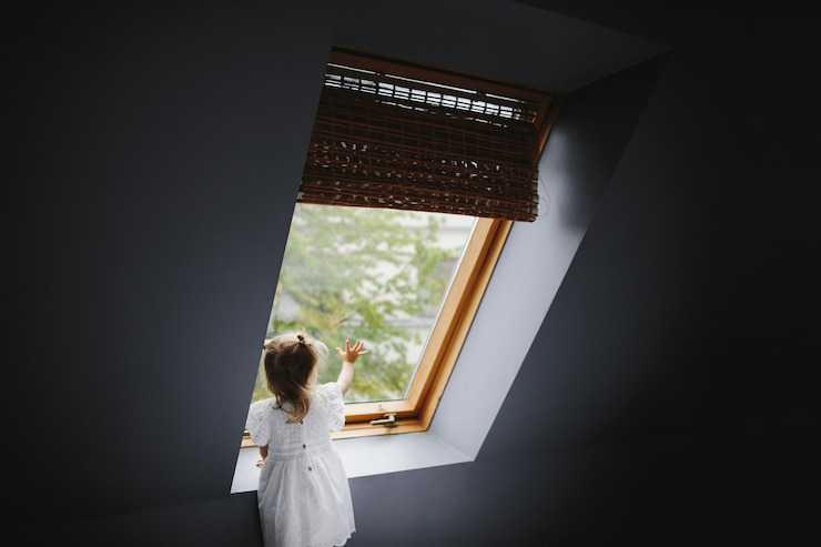 Young child gazing out of a skylight framed by professionally installed roofing in New York.