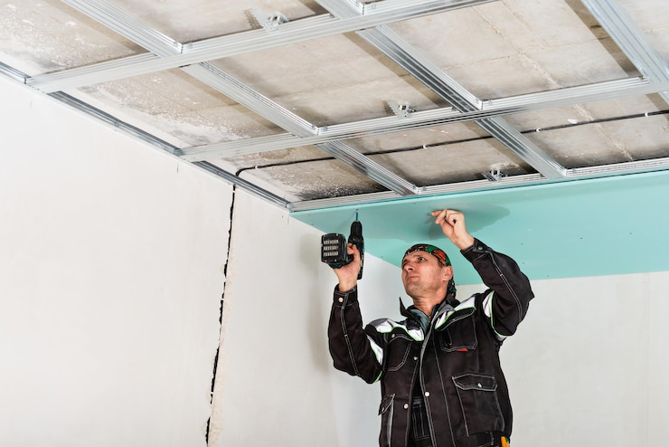 A roof repair professional using a drill